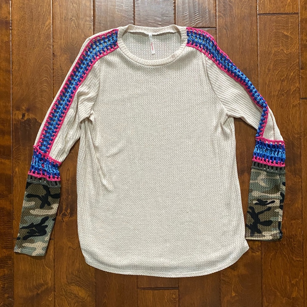 My Story waffle knit mixed media top size Medium
